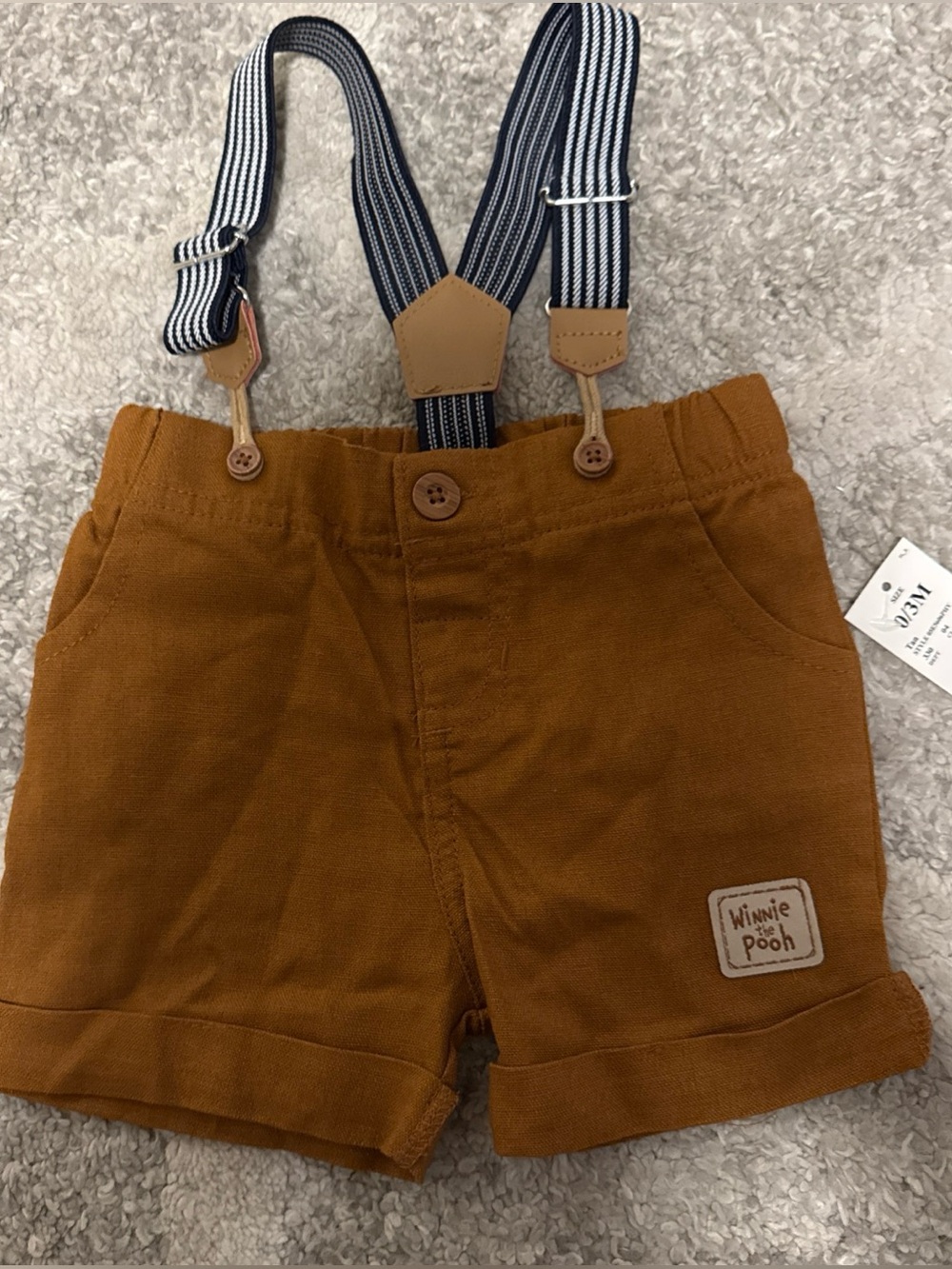 Disney Baby Winnie The Pooh Brown Linen Blend Shorts & Suspenders Size 0-3M..358